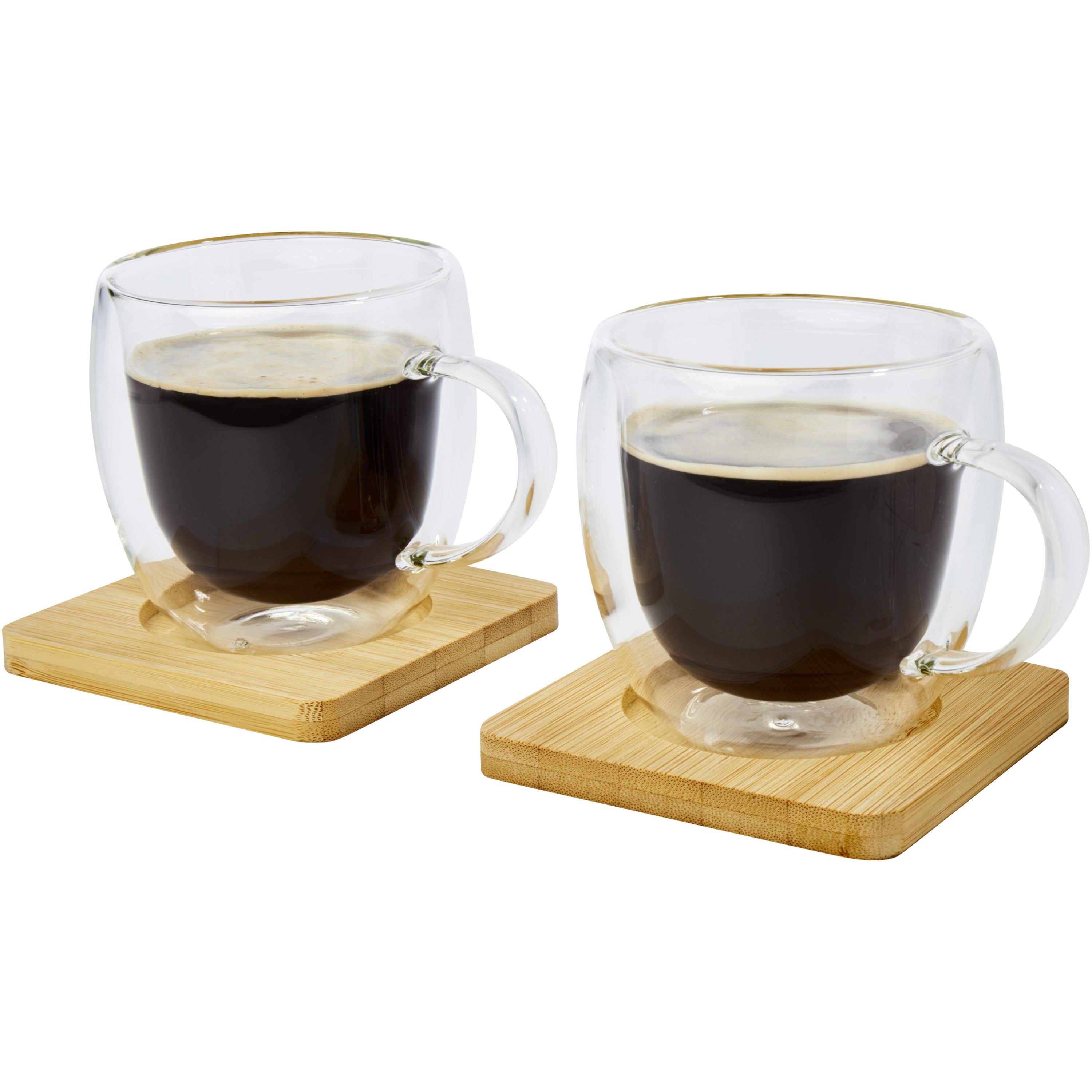 Set of 2 Double-Wall Glass Cups and Bamboo Coasters