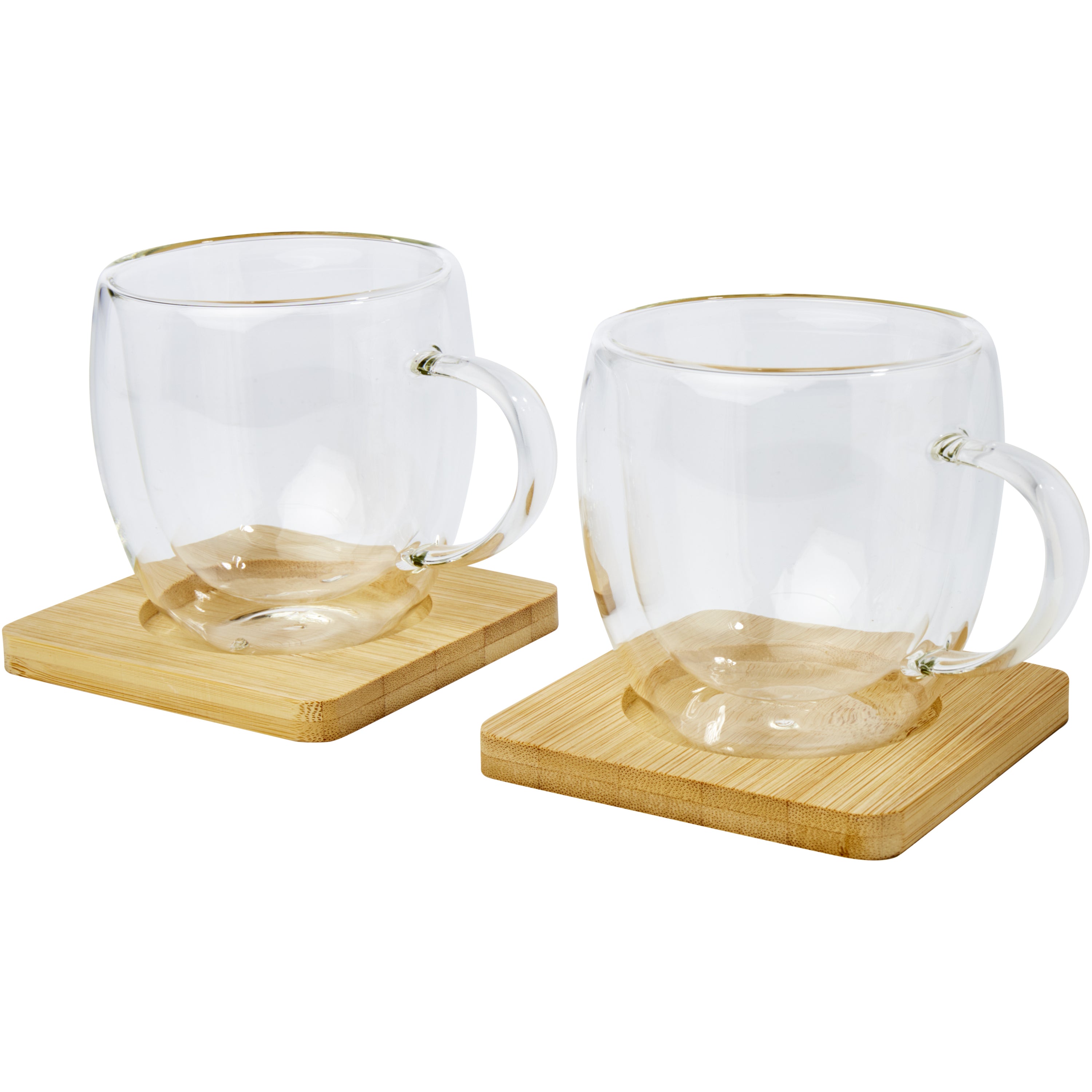 Set of 2 Double-Wall Glass Cups and Bamboo Coasters