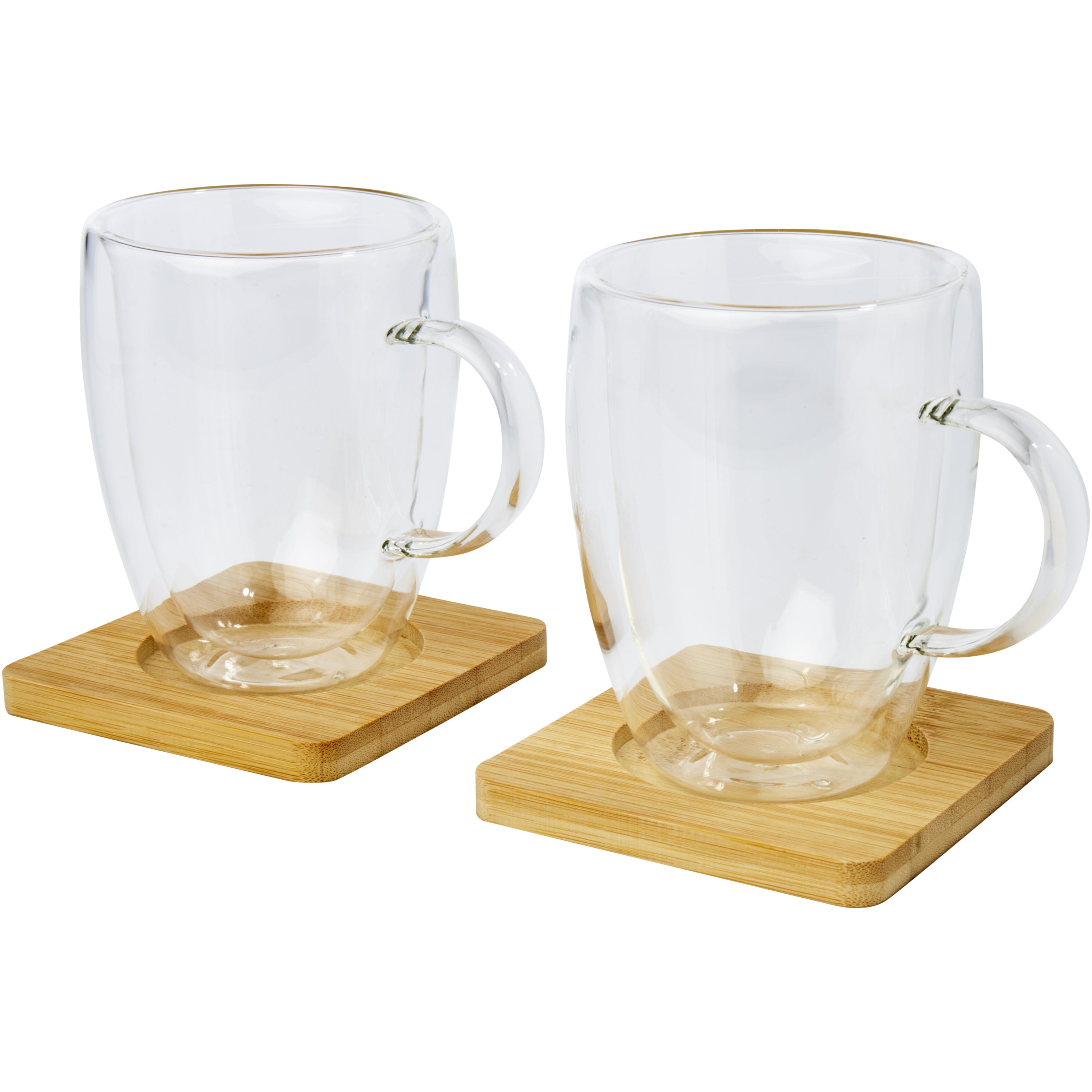 2 Thermal Glass Cup and Bamboo Coaster Sets
