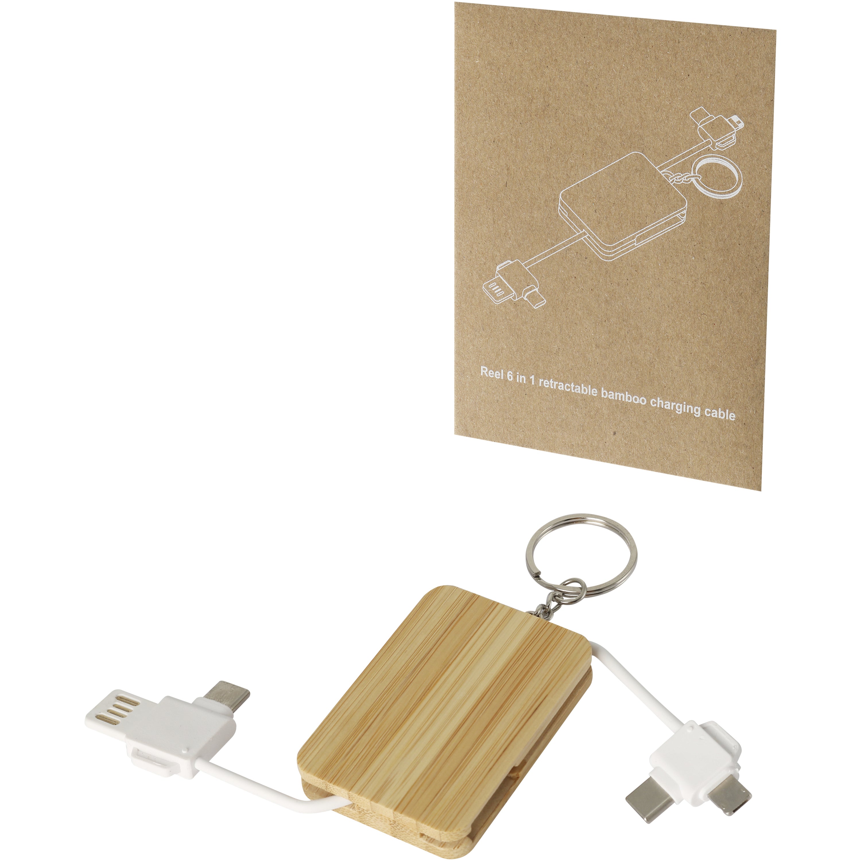 Reel 6-in-1 Retractable Bamboo Keyring Charging Cable