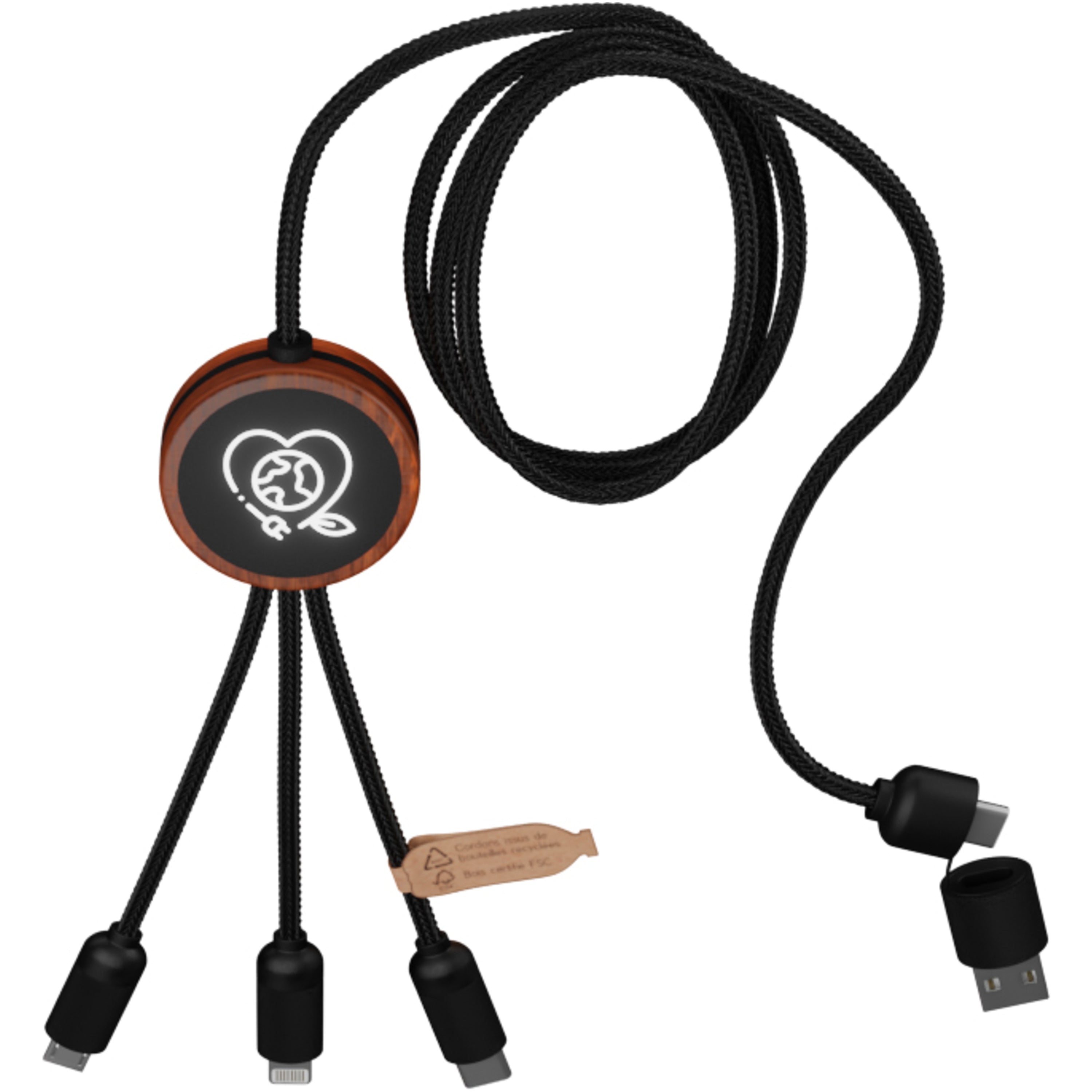 5-in-1 Recycled Light-Up Charging Cable in Wooden Casing