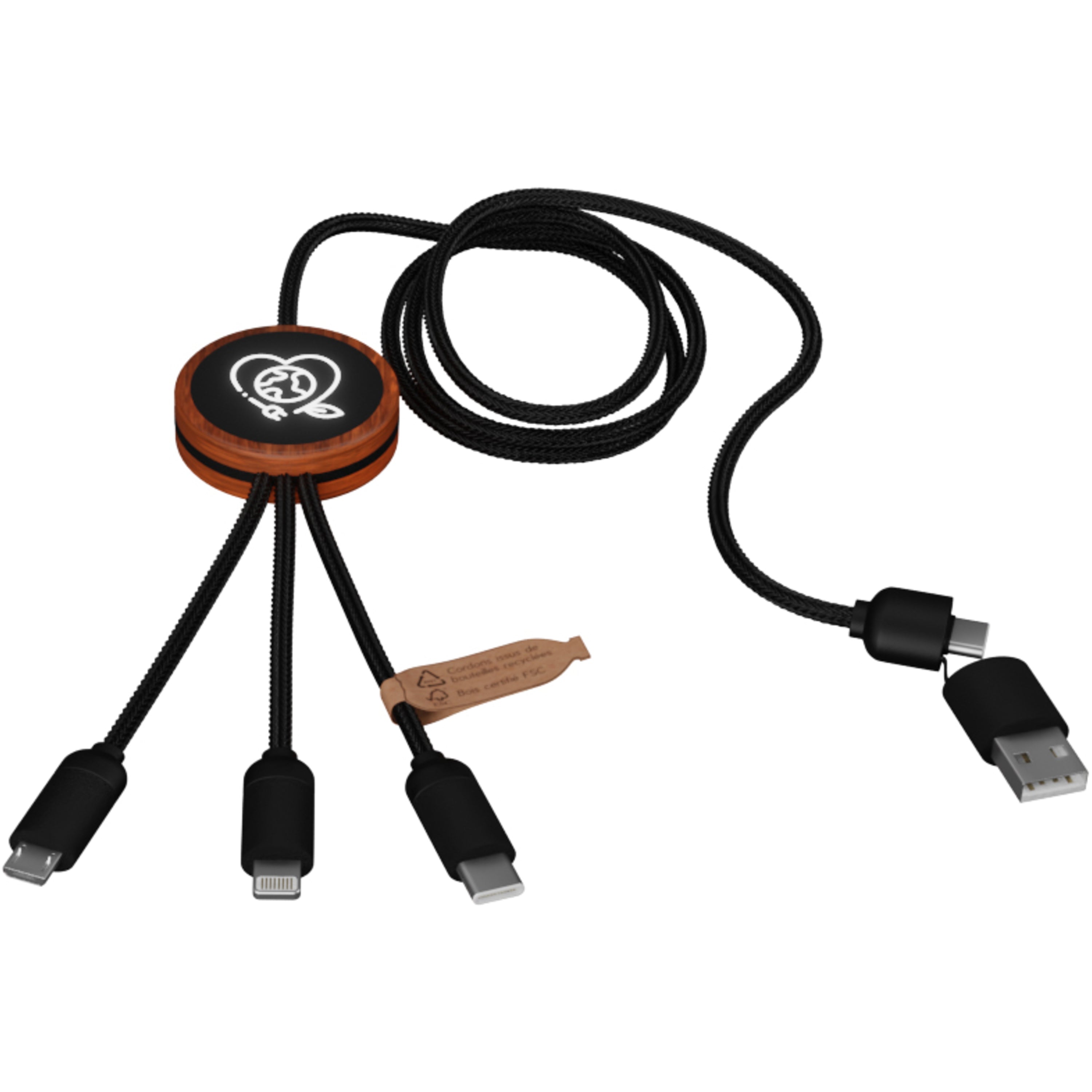 5-in-1 Recycled Light-Up Charging Cable in Wooden Casing