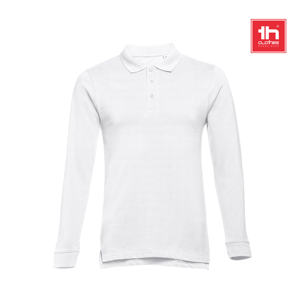 Thc Bern Wh. Men's Long-Sleeved 100% Cotton Piqué Polo Shirt With Removable Label