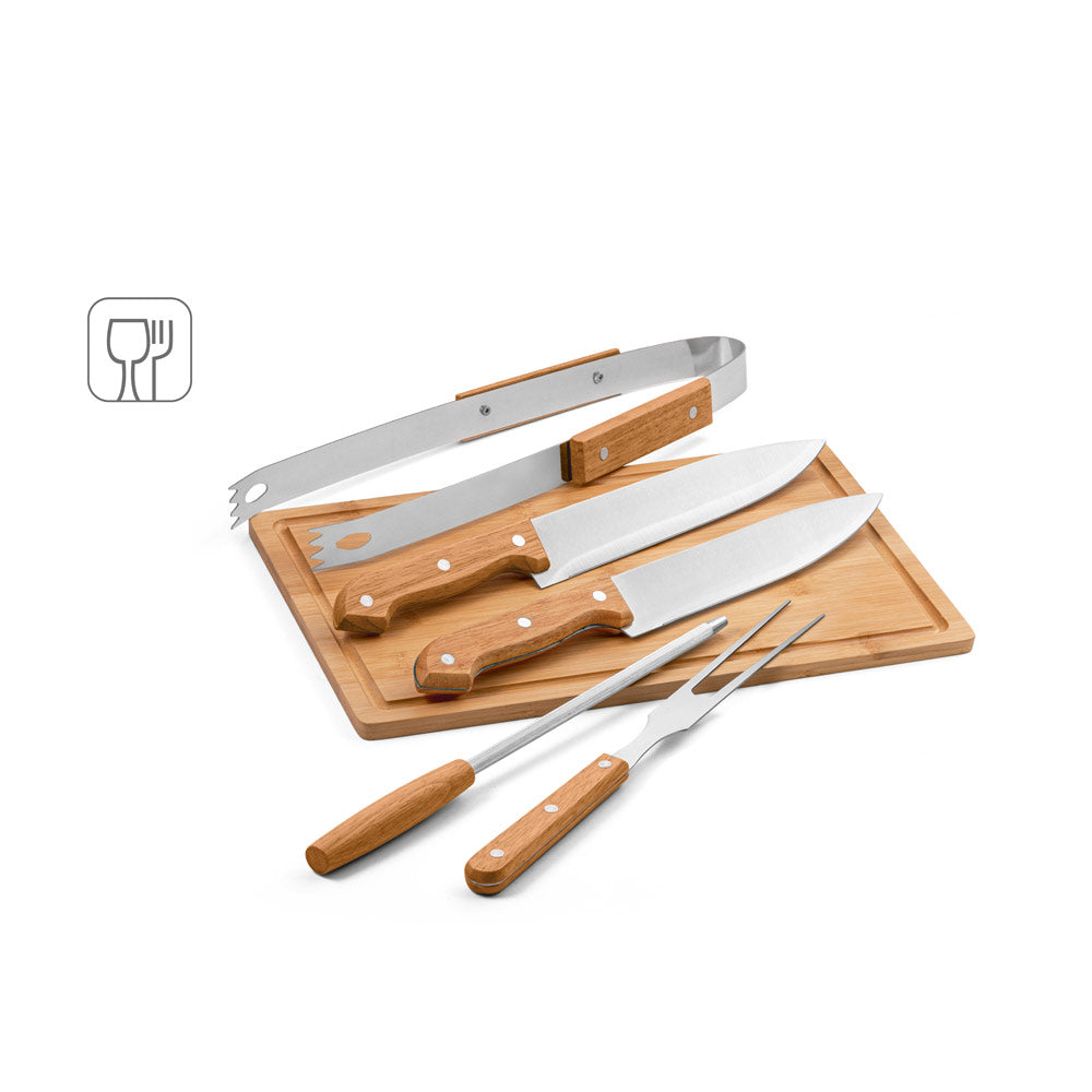 Flare. Five-Piece Wooden And Stainless Steel Barbecue Set With Bamboo Board