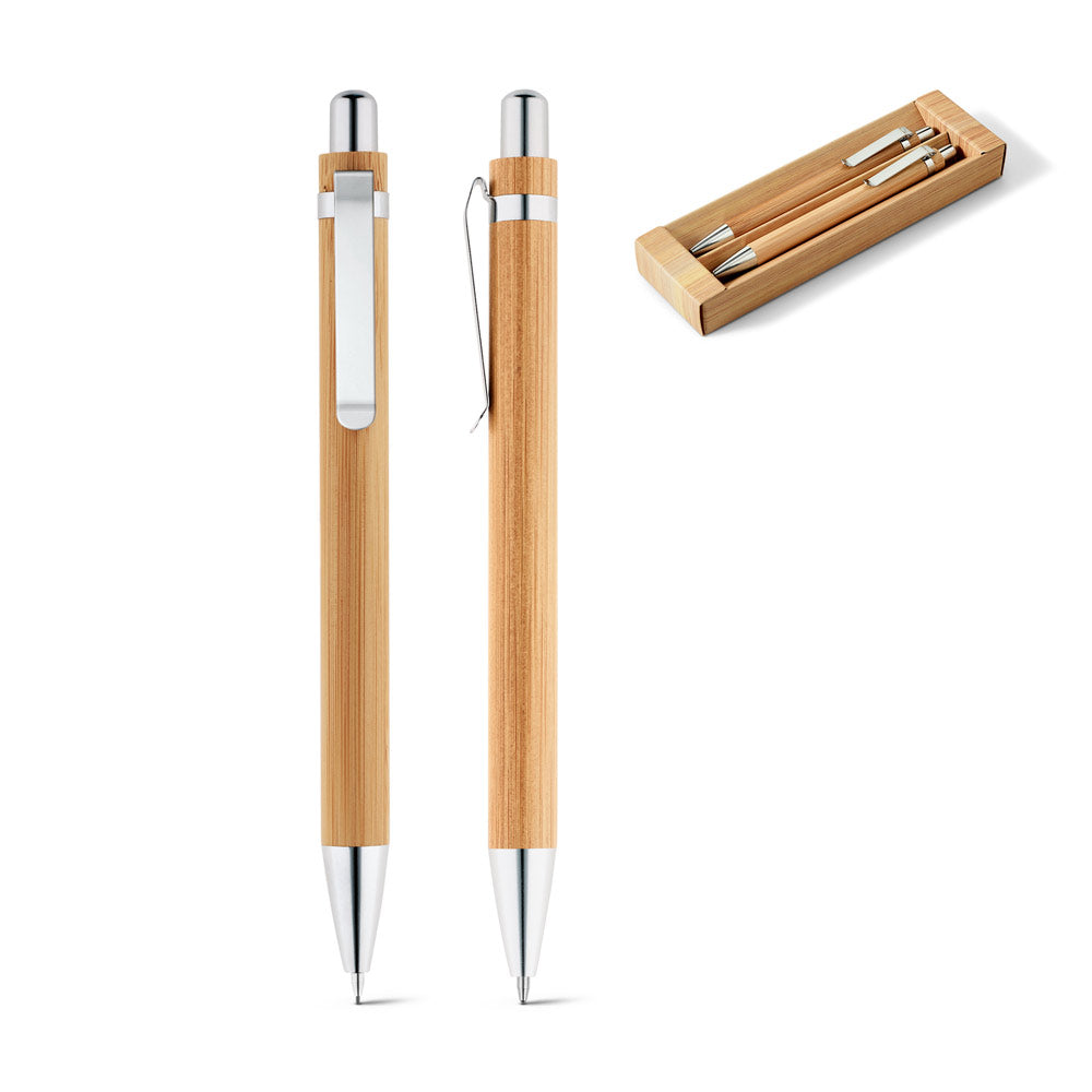Greeny. Ball Pen And Mechanical Pencil Set In Bamboo
