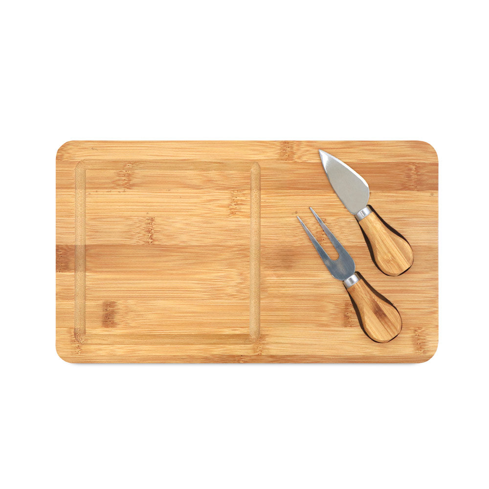 Woods. Bamboo Cheese Board With 2 Bamboo And Stainless Steel Accessories