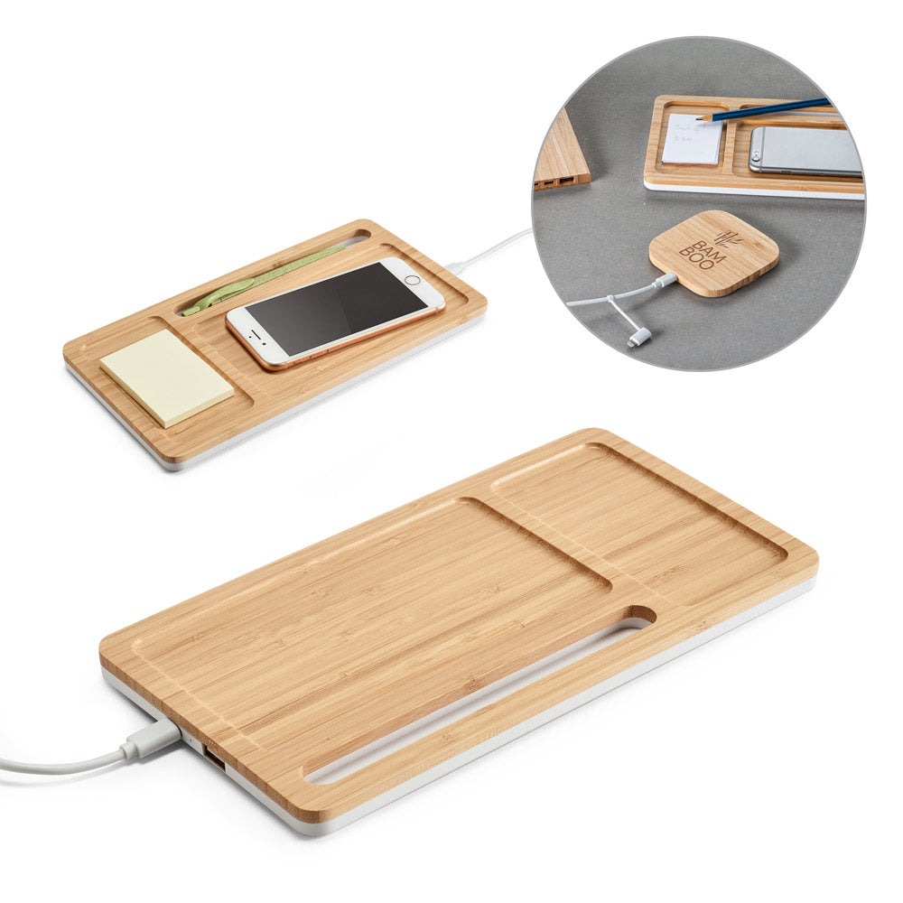 Mott. Desktop Organiser With 15W Wireless Charger In Bamboo And Abs