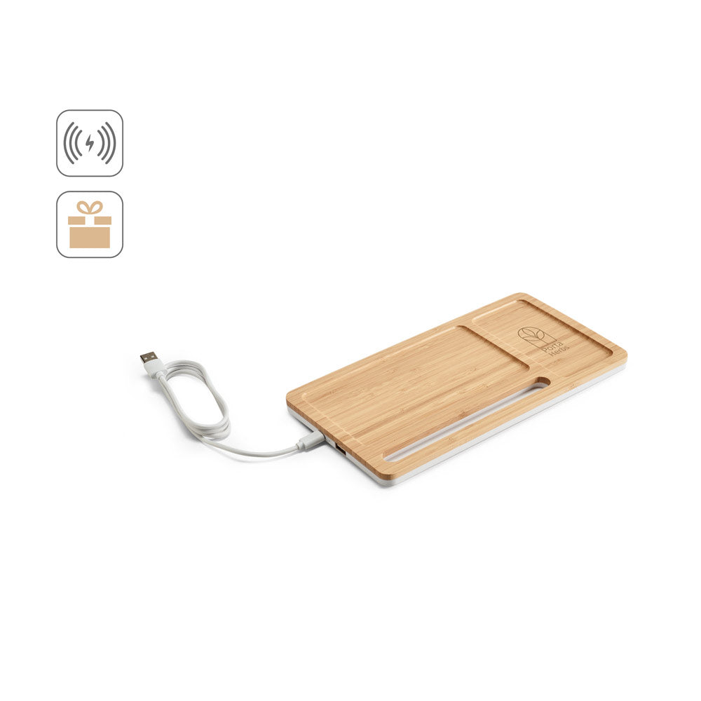 Mott. Desktop Organiser With 15W Wireless Charger In Bamboo And Abs