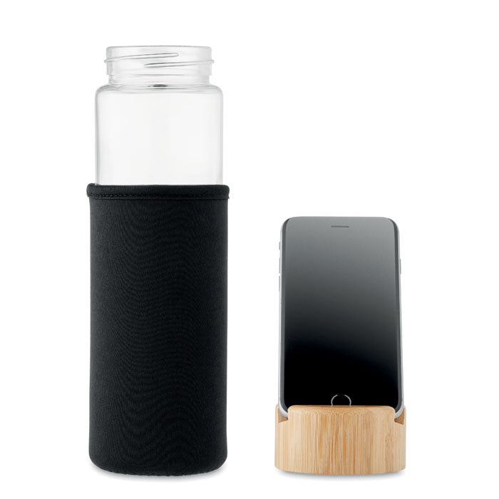 Glass Bottle with Bamboo Phone Stand Lid