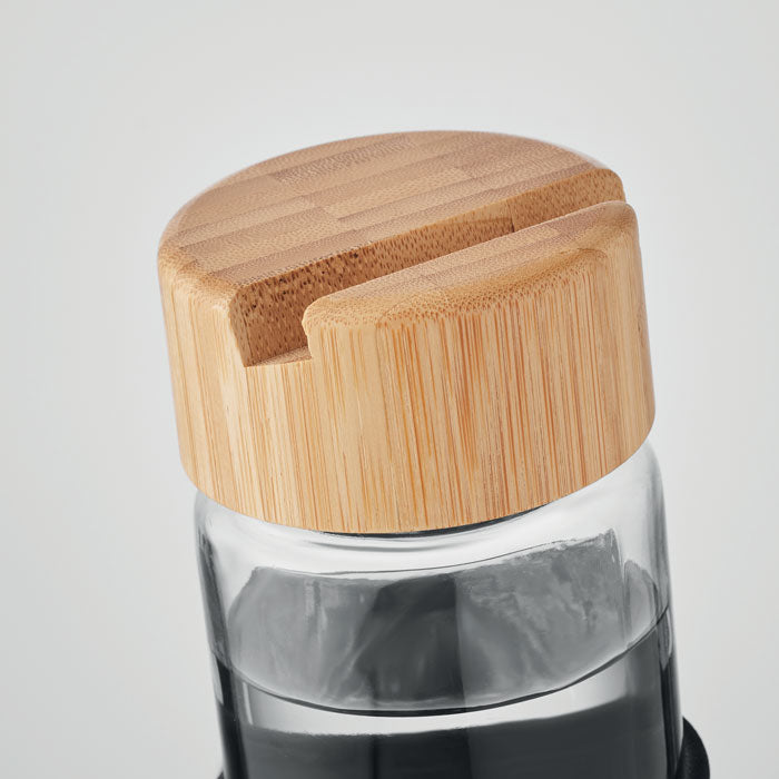 Glass Bottle with Bamboo Phone Stand Lid