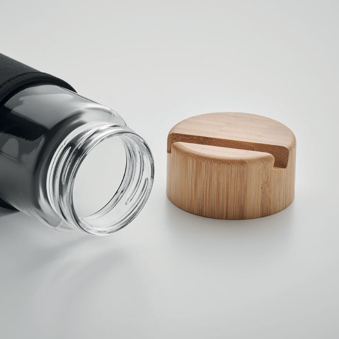 Glass Bottle with Bamboo Phone Stand Lid