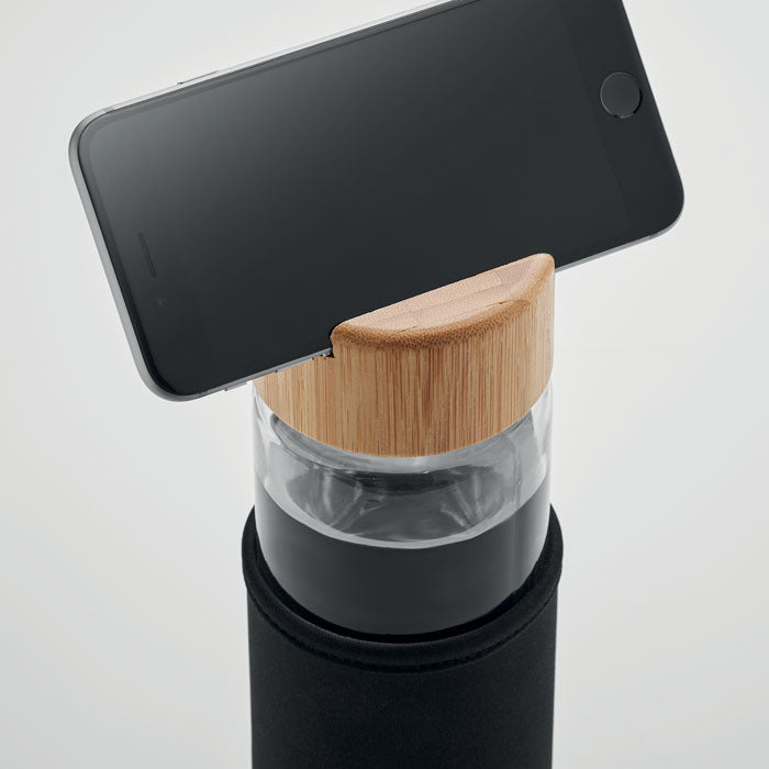 Glass Bottle with Bamboo Phone Stand Lid