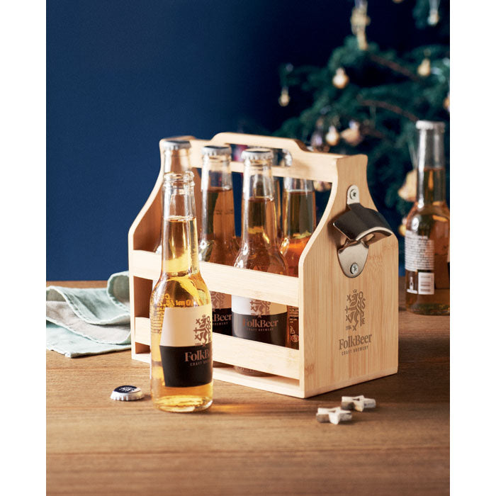 Bamboo Beer Crate with Attached Bottle Opener