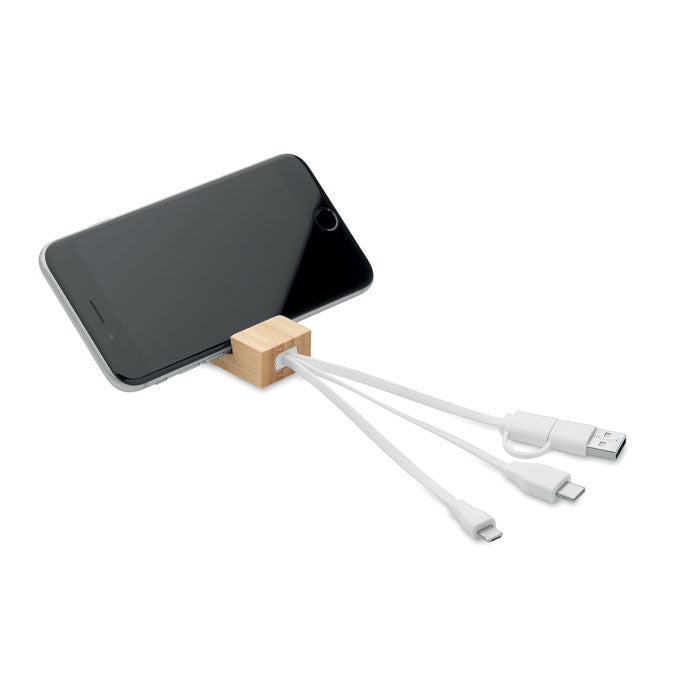 Bamboo Charging Cable Keyring and Phone Stand