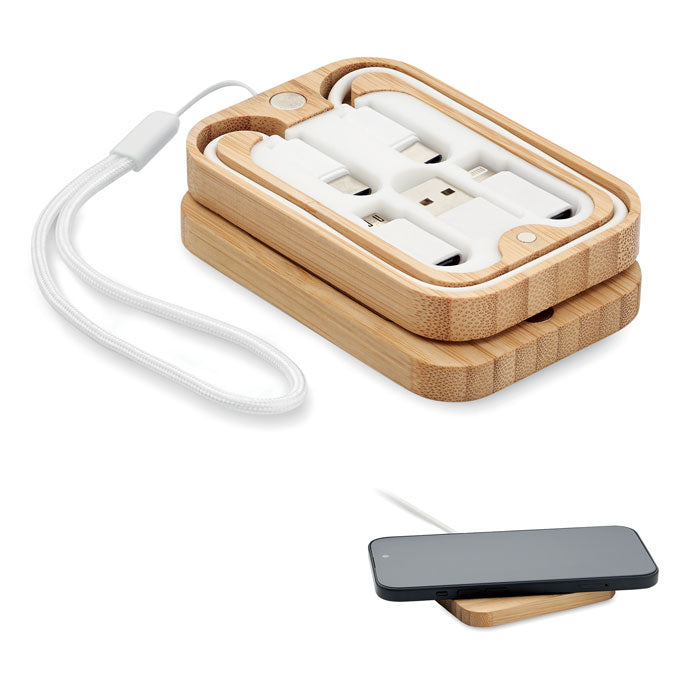 Bamboo Wireless Charger with 3-in-1 Charging Cable