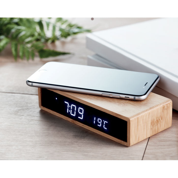 Wireless Charger Alarm Clock in Bamboo