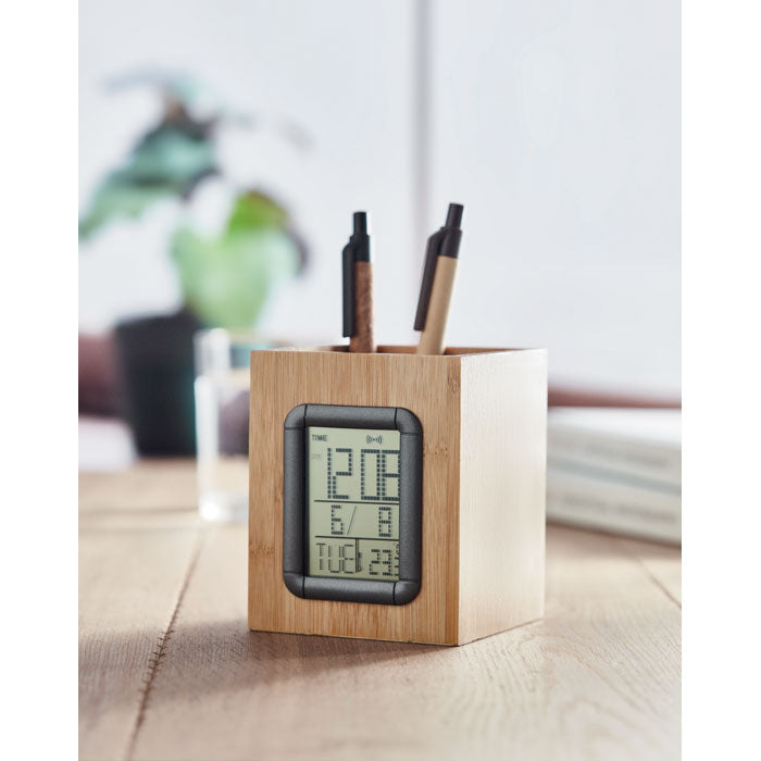 Bamboo Pen Holder and LCD Clock