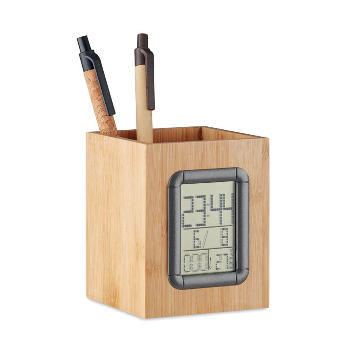 Bamboo Pen Holder and LCD Clock