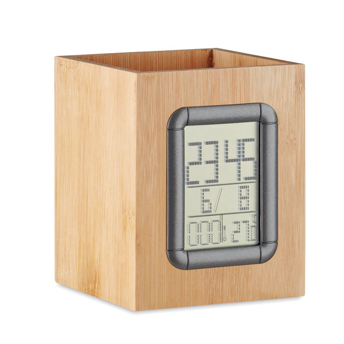 Bamboo Pen Holder and LCD Clock