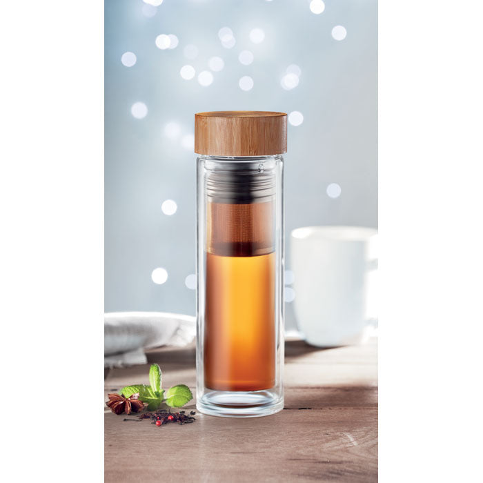 Bamboo Lid Insulated Glass Bottle with Tea Infuser