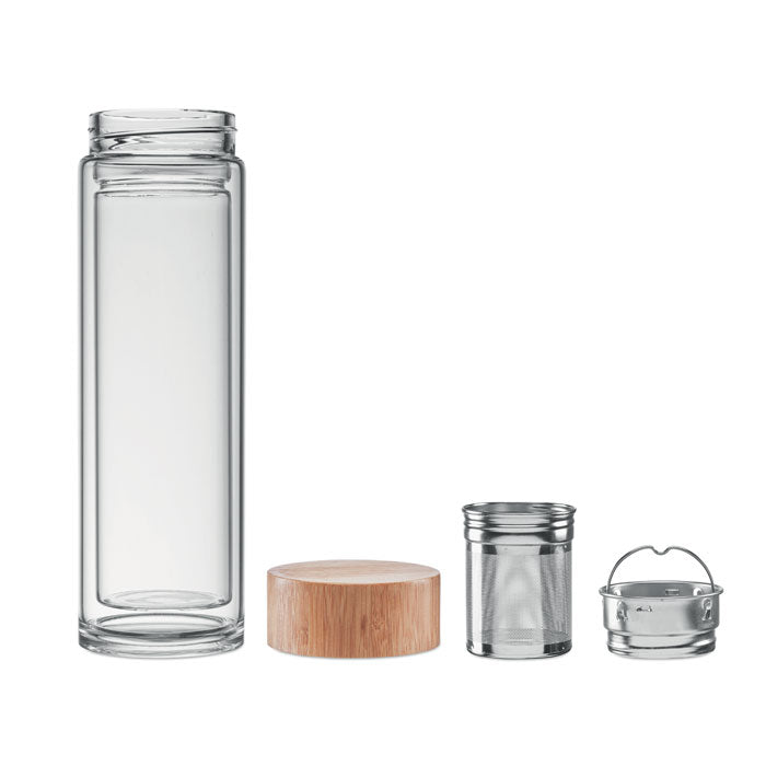 Bamboo Lid Insulated Glass Bottle with Tea Infuser