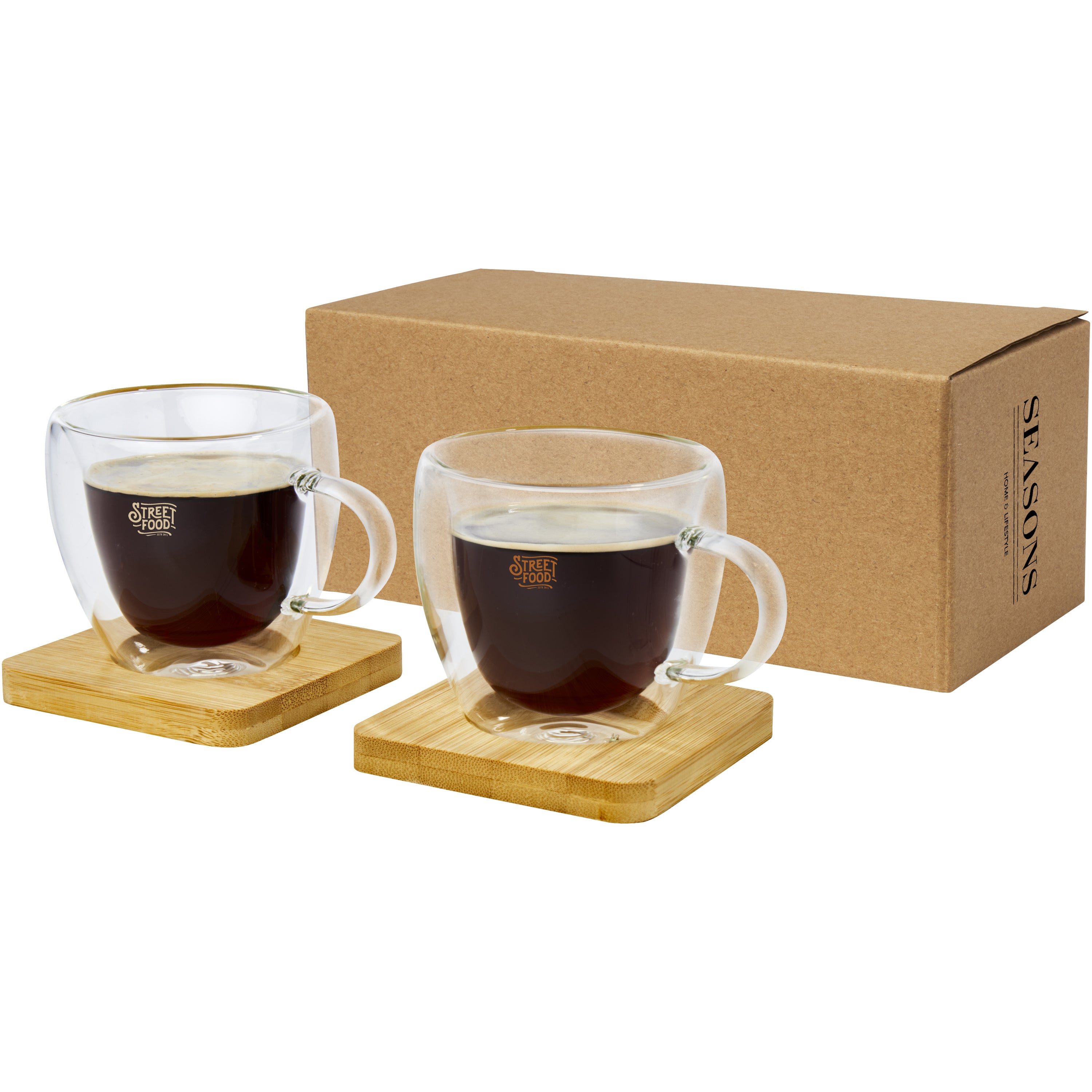 Set of 2 Thermal Glass Cups and Bamboo Coasters