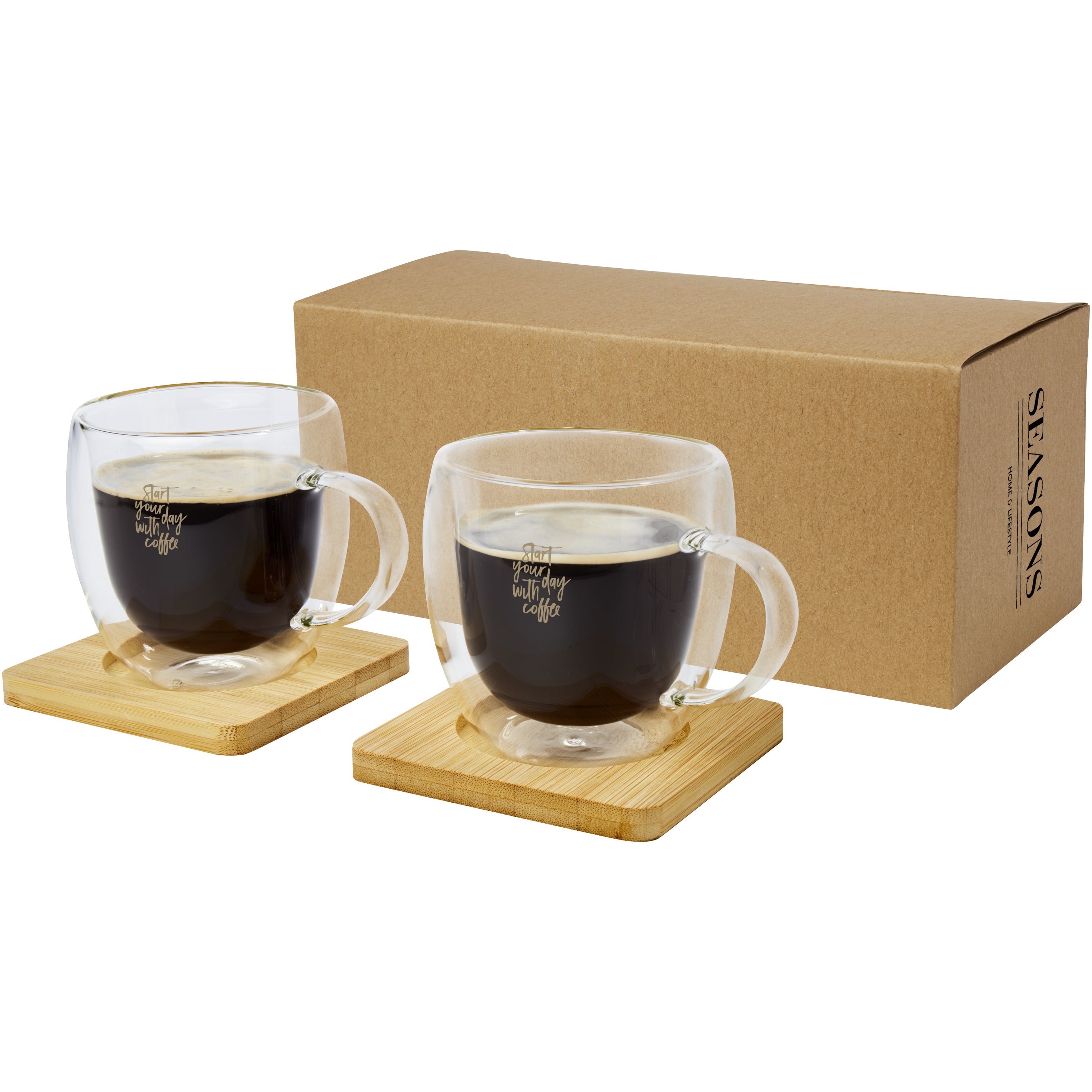 Set of 2 Double-Wall Glass Cups and Bamboo Coasters