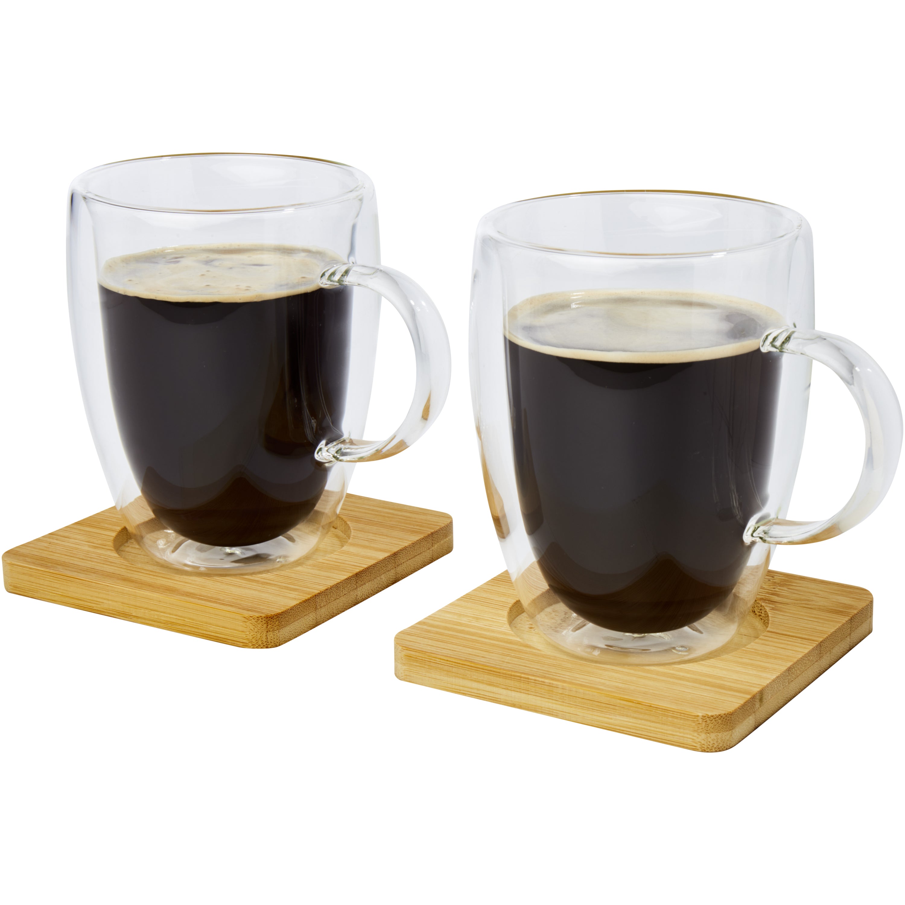 2 Thermal Glass Cup and Bamboo Coaster Sets