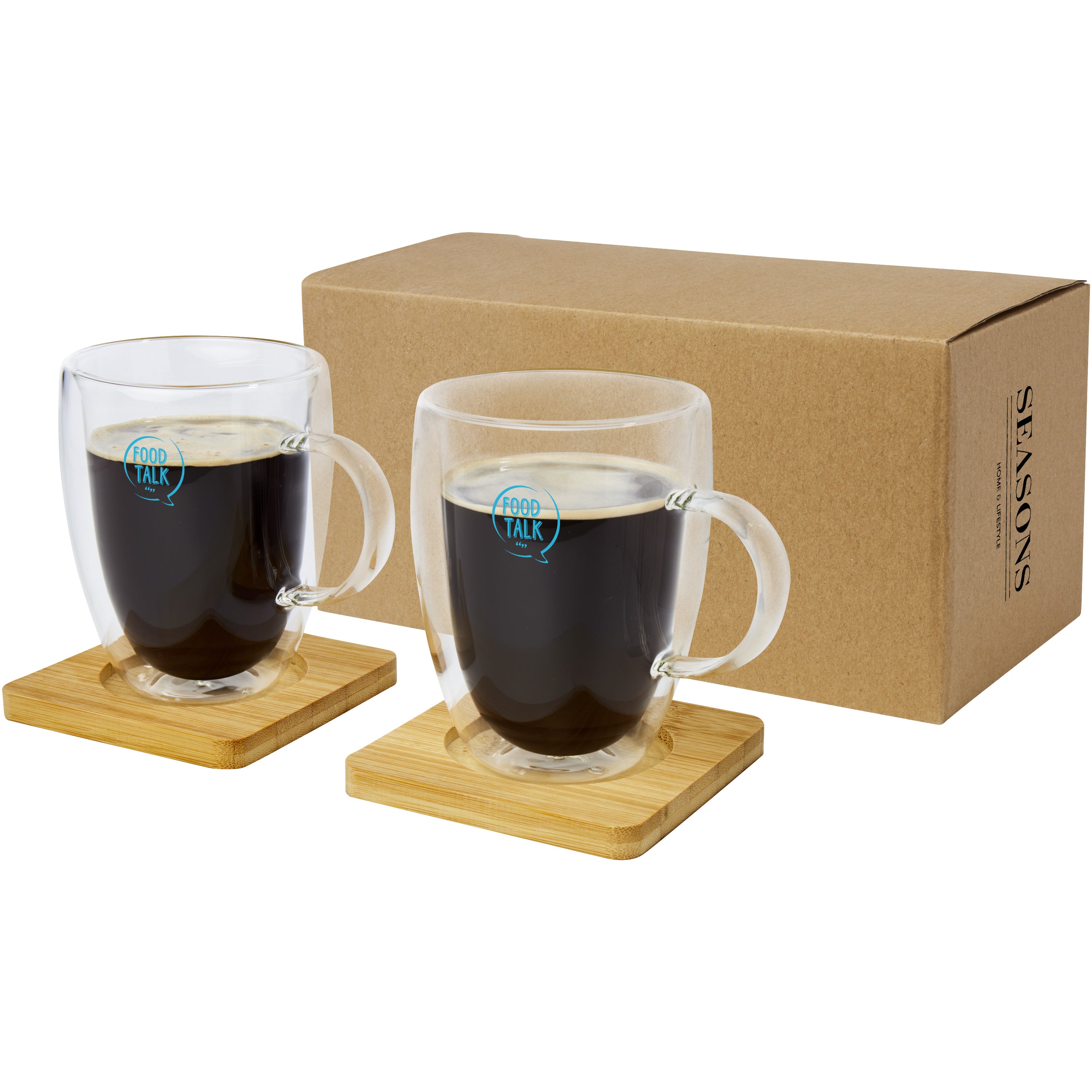 2 Thermal Glass Cup and Bamboo Coaster Sets