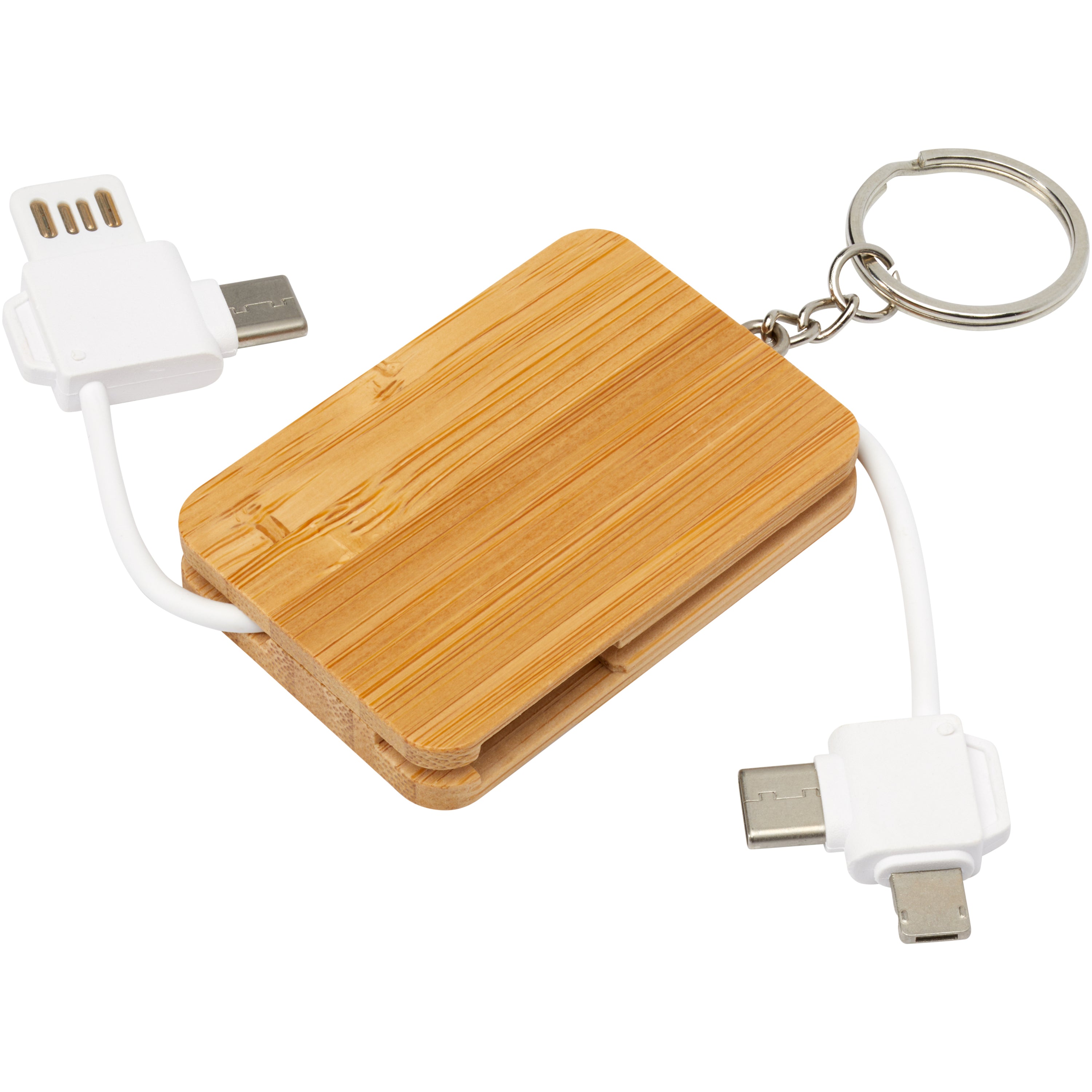 Reel 6-in-1 Retractable Bamboo Keyring Charging Cable