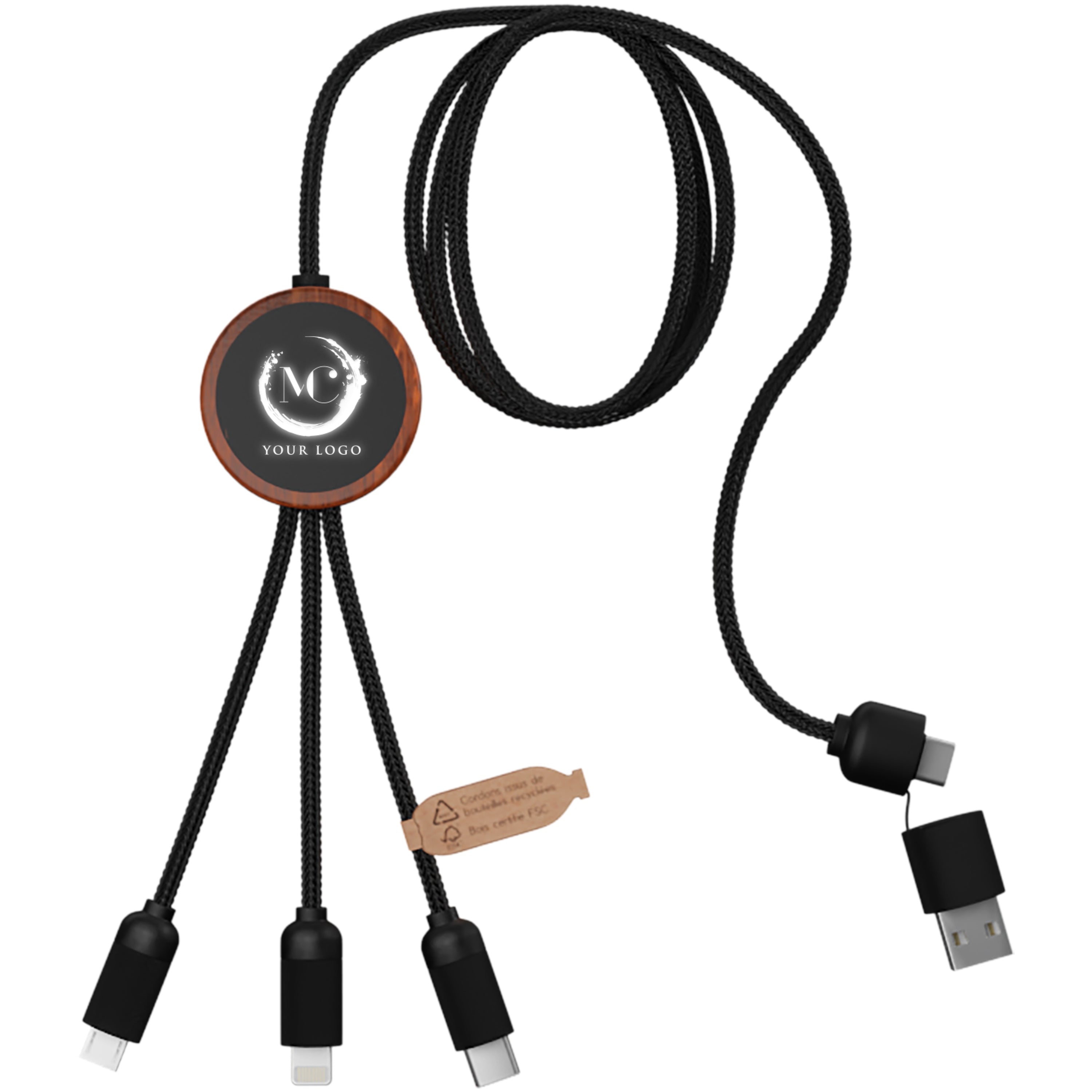 5-in-1 Recycled Light-Up Charging Cable in Wooden Casing