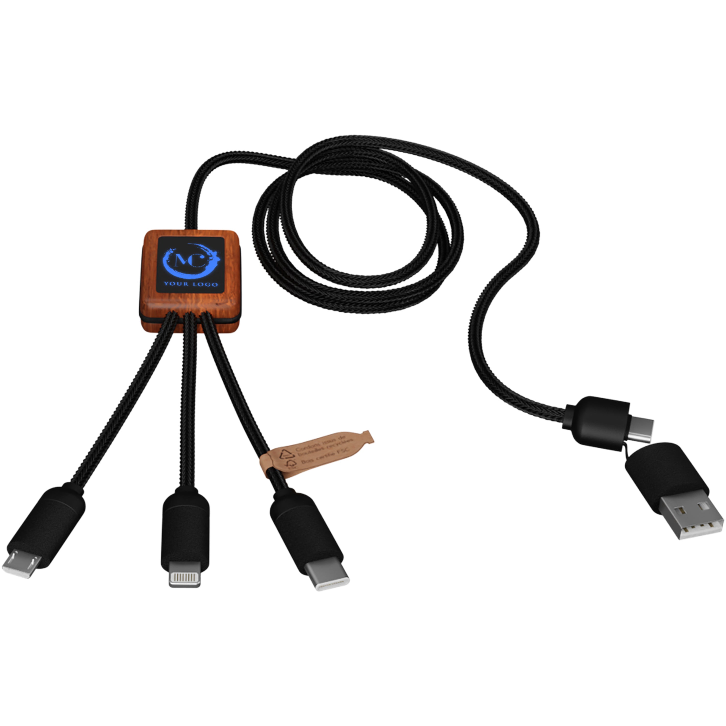 Light-Up Charging Cable with Squared Wooden Casing