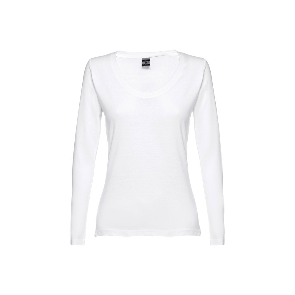 Thc Bucharest Women Wh. Long-Sleeved Scoop Neck Fitted T-Shirt For Women. 100% Carded Cotton. White