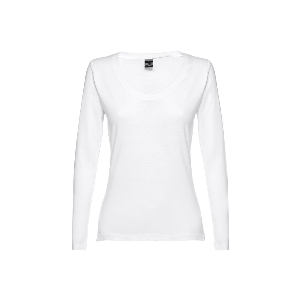 Thc Bucharest Women Wh. Long-Sleeved Scoop Neck Fitted T-Shirt For Women. 100% Carded Cotton. White