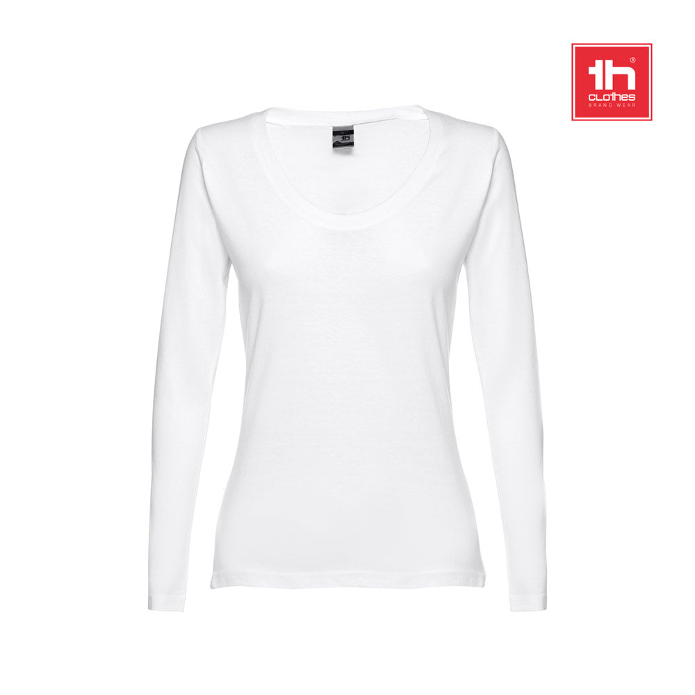 Thc Bucharest Women Wh. Long-Sleeved Scoop Neck Fitted T-Shirt For Women. 100% Carded Cotton. White