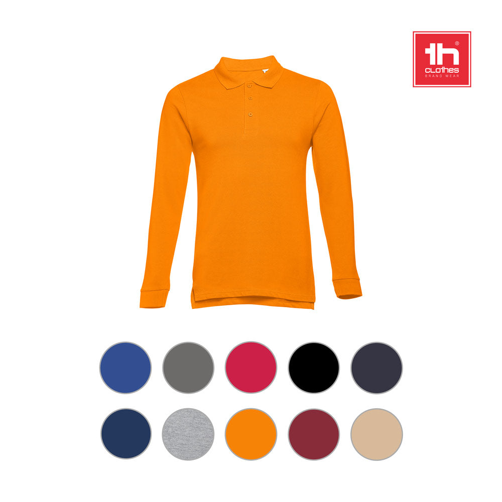 Thc Bern. Men's Long-Sleeved 100% Cotton Piqué Polo Shirt With Removable Label