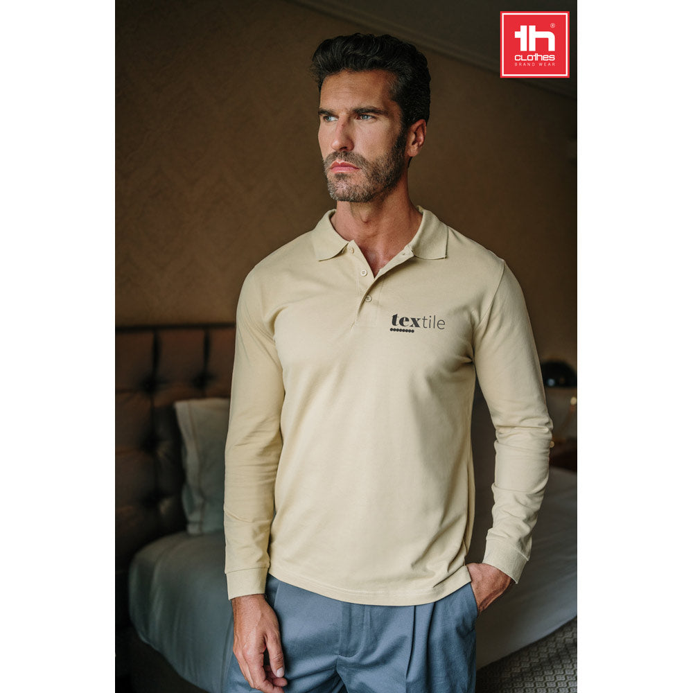 Thc Bern. Men's Long-Sleeved 100% Cotton Piqué Polo Shirt With Removable Label