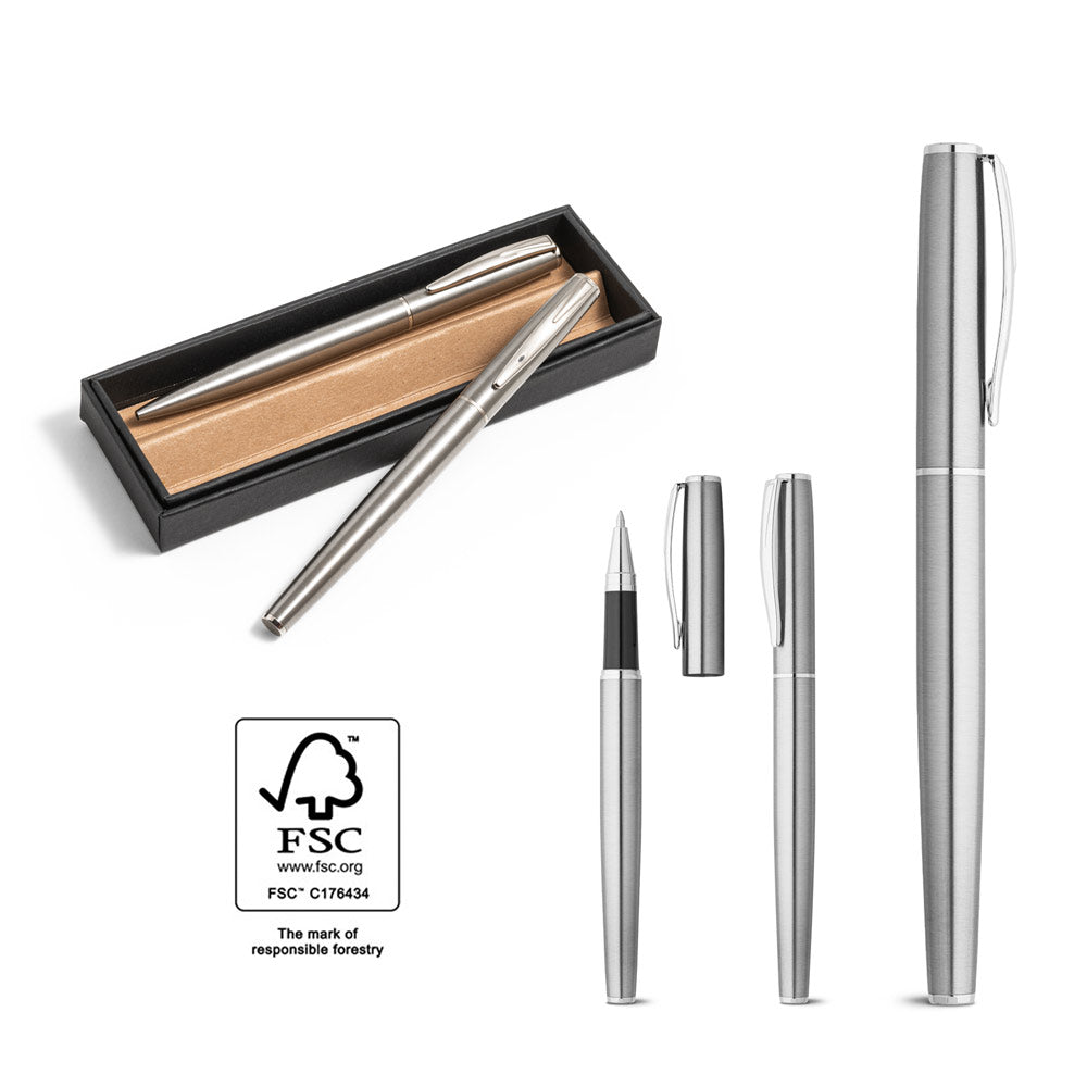 Ella. Roller And Ballpoint Pen Set With Stainless Steel Body (53% Rss) With Clip