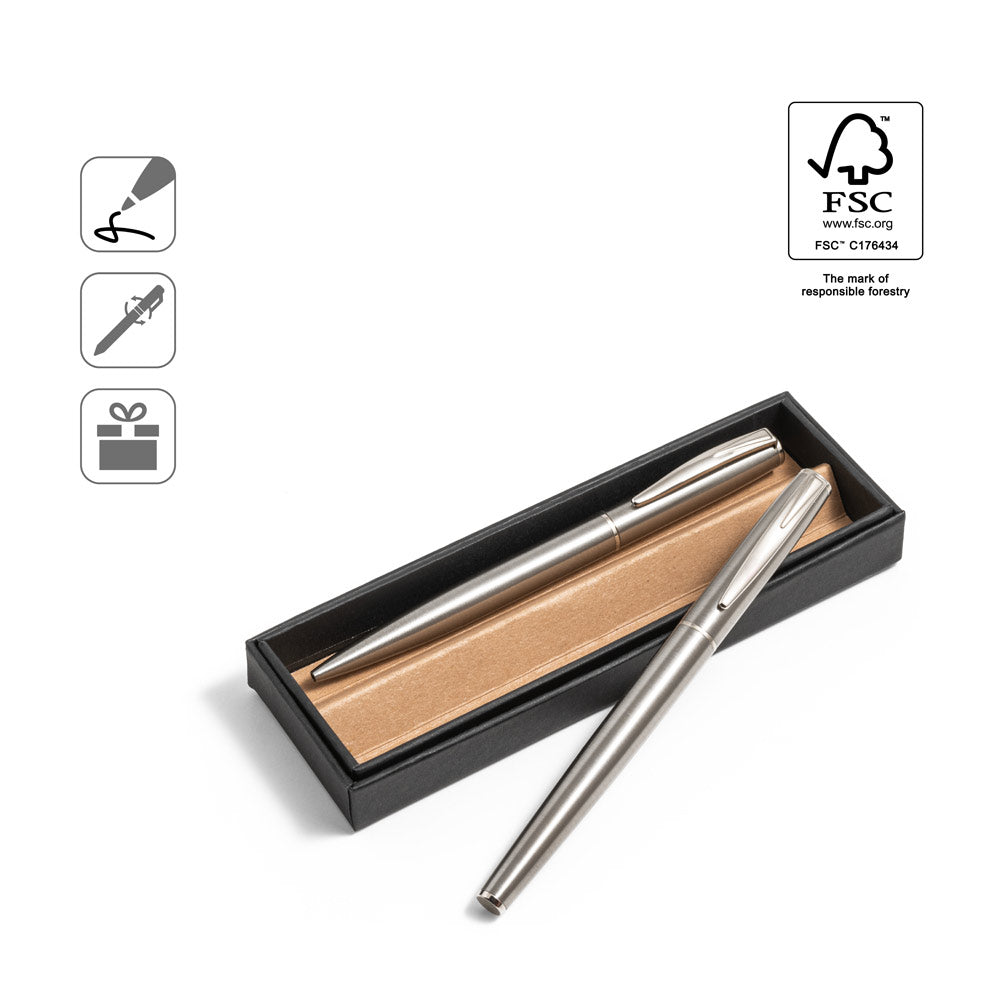 Ella. Roller And Ballpoint Pen Set With Stainless Steel Body (53% Rss) With Clip