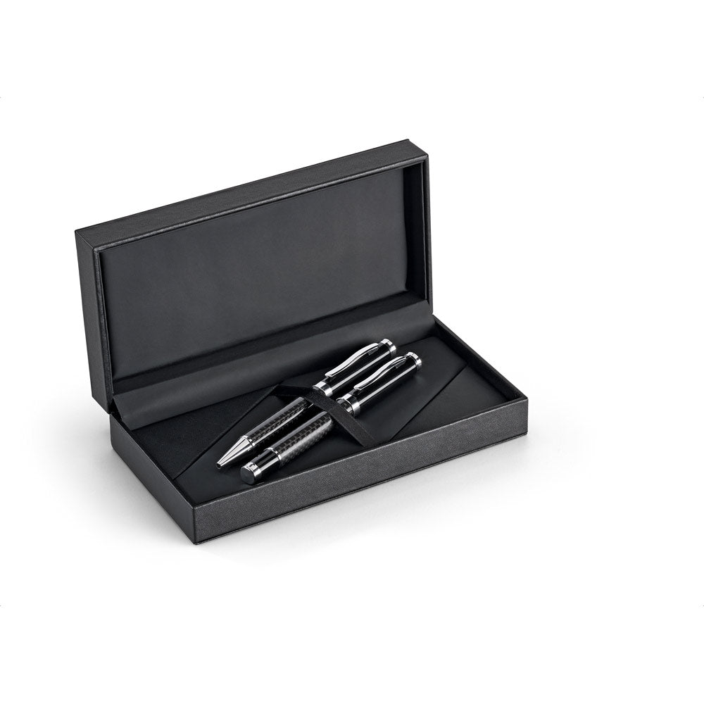 Chess. Roller Pen And Ball Pen Set In Metal And Carbon Fibre With Twist Mechanism