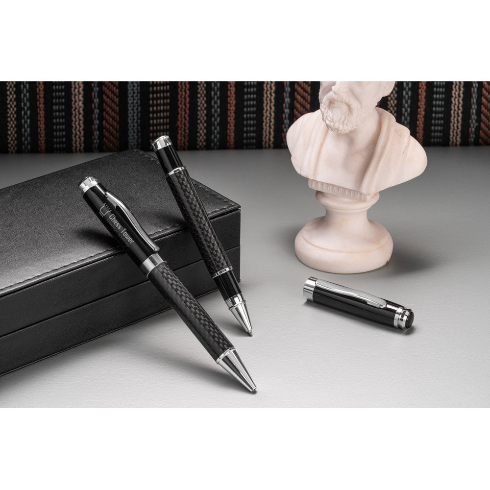 Chess. Roller Pen And Ball Pen Set In Metal And Carbon Fibre With Twist Mechanism