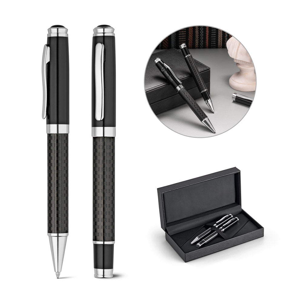 Chess. Roller Pen And Ball Pen Set In Metal And Carbon Fibre With Twist Mechanism