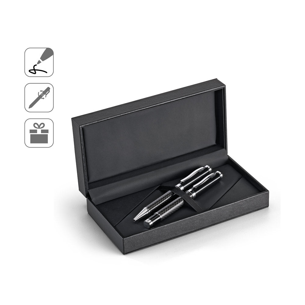 Chess. Roller Pen And Ball Pen Set In Metal And Carbon Fibre With Twist Mechanism