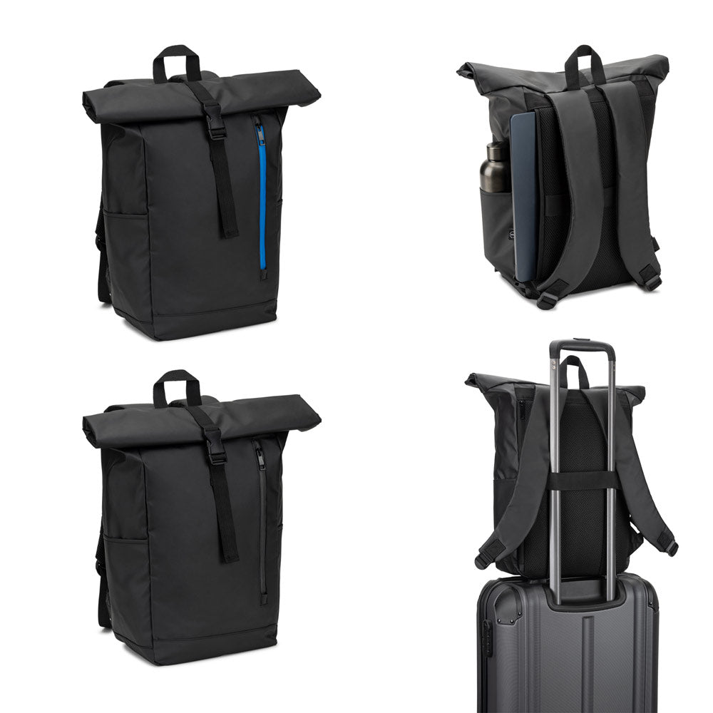 Osasco Bpack. Roll Top Backpack With A Zip System Design That Allows The Top To Be Rolled Up To Fit The Volume Of The Backpack, Made From 600D Recycled Polyester