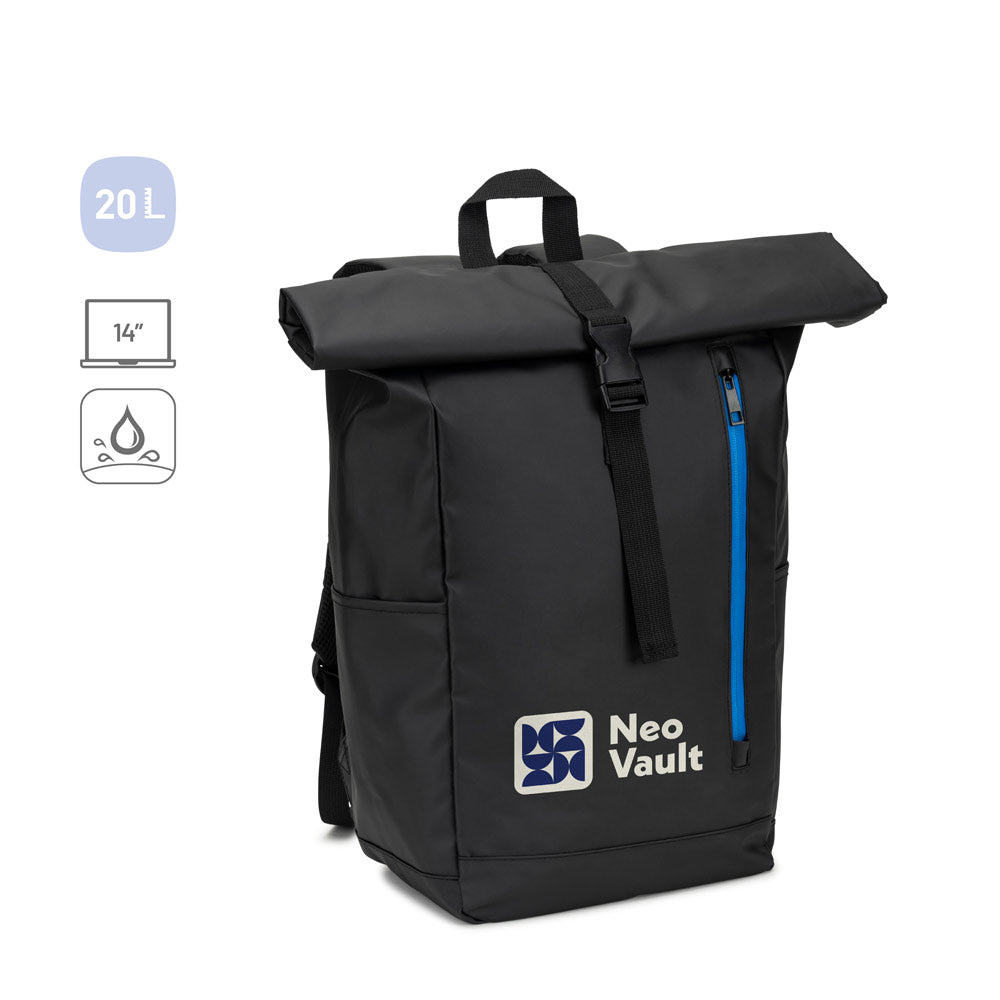 Osasco Bpack. Roll Top Backpack With A Zip System Design That Allows The Top To Be Rolled Up To Fit The Volume Of The Backpack, Made From 600D Recycled Polyester