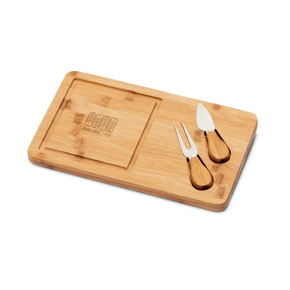 Woods. Bamboo Cheese Board With 2 Bamboo And Stainless Steel Accessories