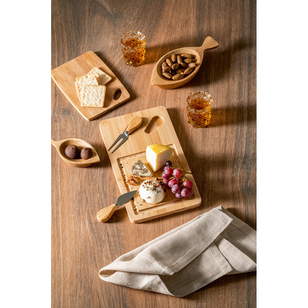 Woods. Bamboo Cheese Board With 2 Bamboo And Stainless Steel Accessories