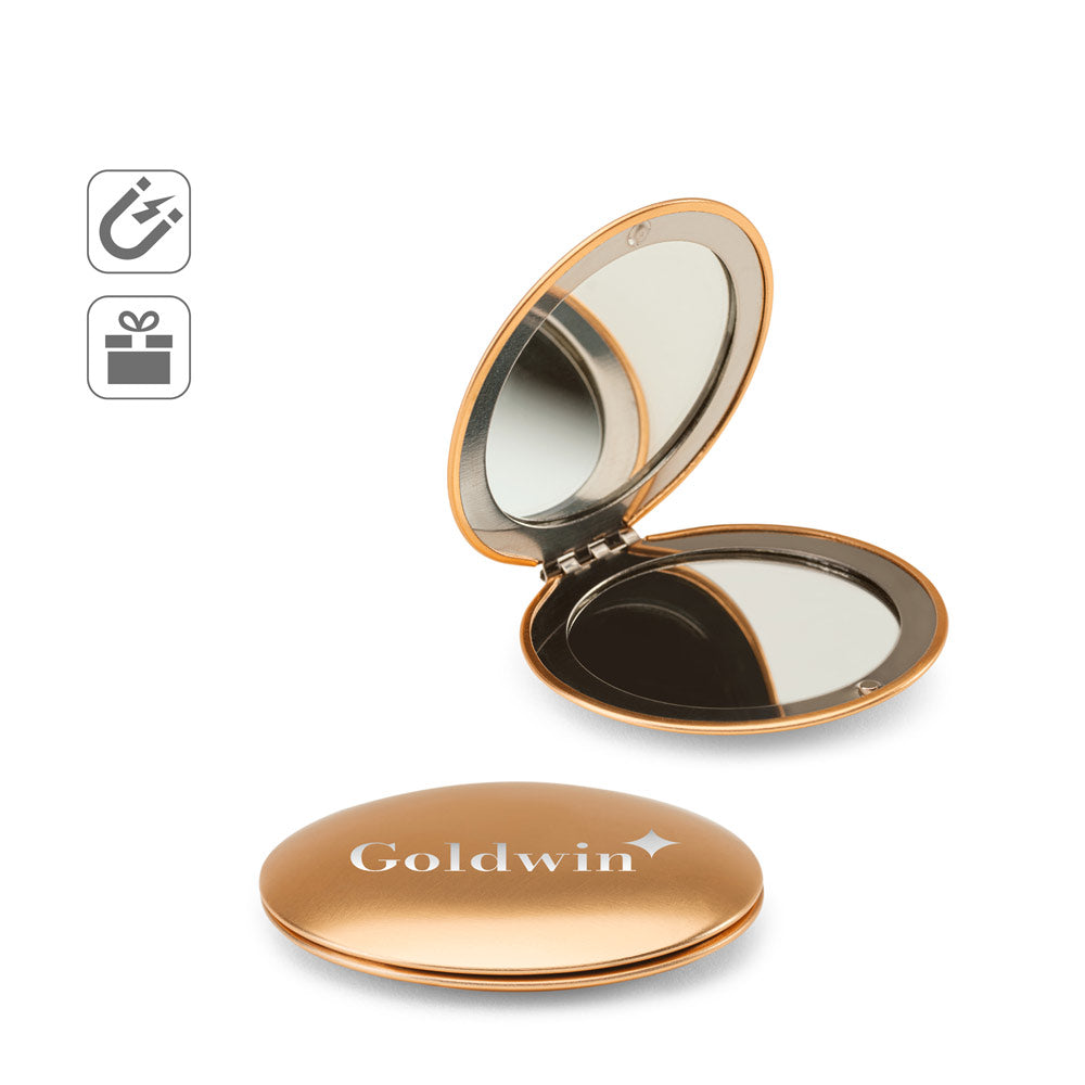 Kayla. Double-Sided Round Aluminum Mirror With Magnetic Closure