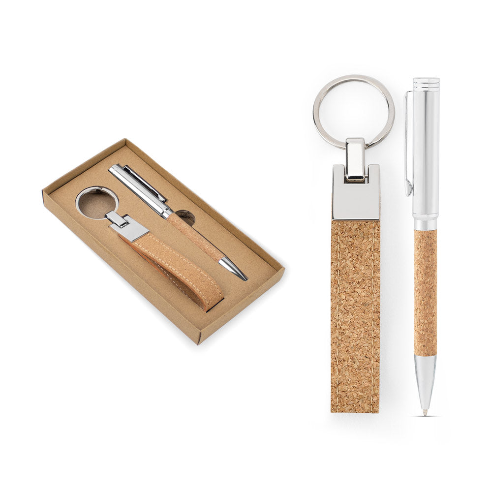 Evans. Set Consisting Of A Ballpoint And Key Ring, Both In Metal And Cork