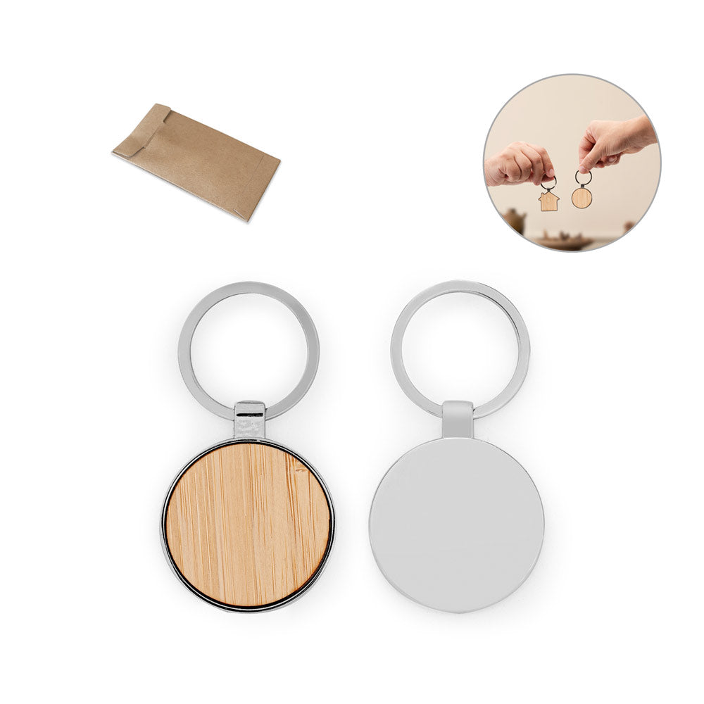 Gaston Round. Round Iron Keychain In Zinc And Bamboo